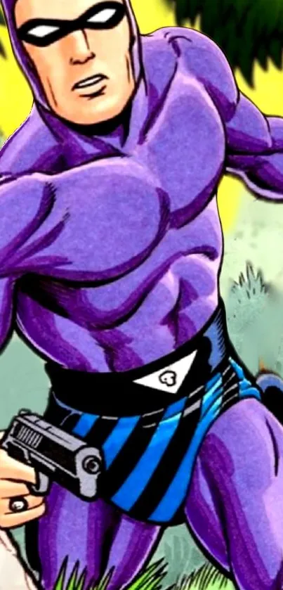 Purple-suited superhero in dynamic comic pose.