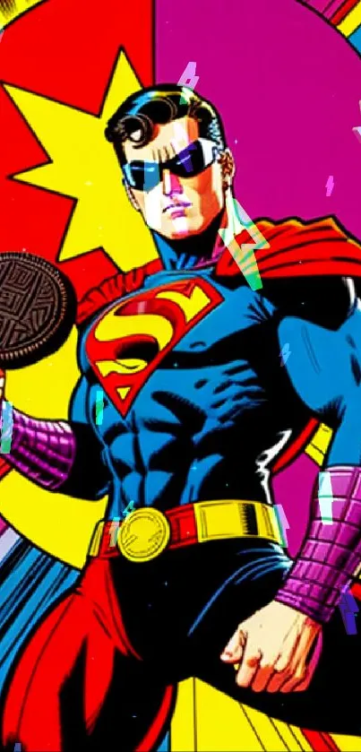 Vibrant superhero with bold colors and comic style on mobile wallpaper.