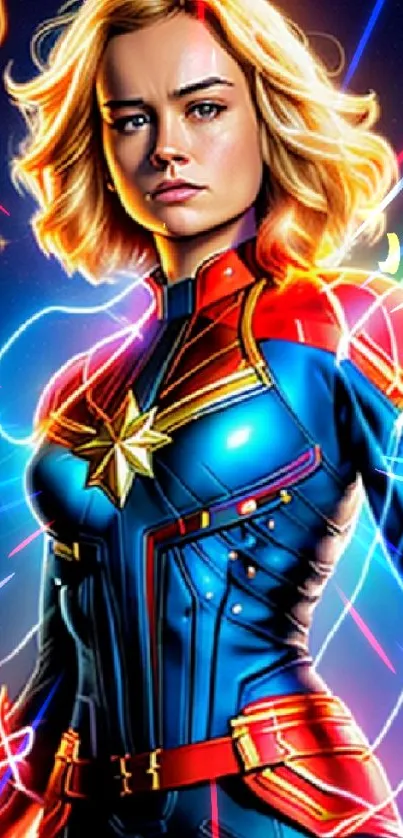 Dynamic superhero in blue and red costume with cosmic background.