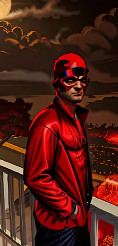 Superhero in red overlooking a city by night.