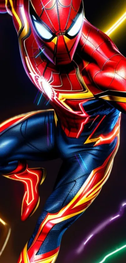 Vibrant superhero in red and blue suit with glowing accents for mobile wallpaper.