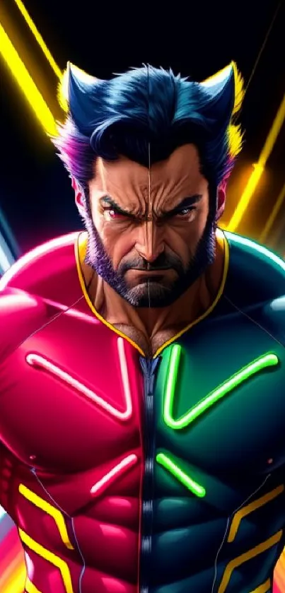 Vibrant superhero image with neon colors and dynamic design.