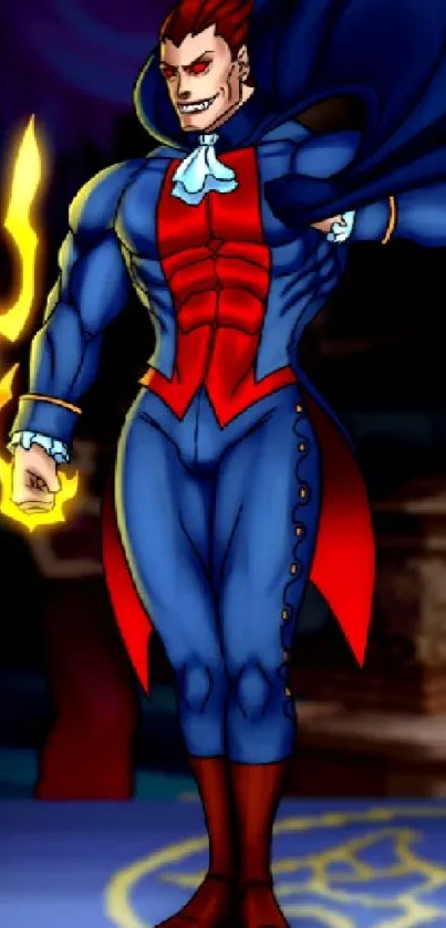 Superhero in blue and red costume with energy effects on mobile wallpaper.