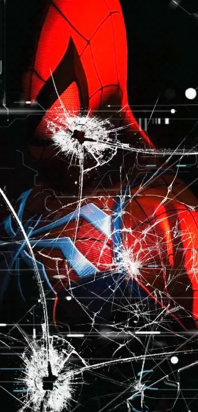 Vibrant superhero wallpaper with a red and black color scheme on a mobile screen.