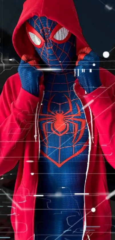 Superhero dressed in red and blue outfit, vibrant phone wallpaper.