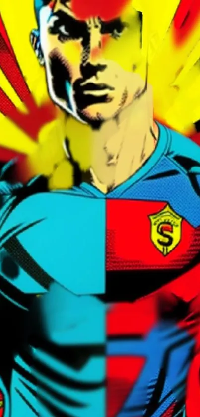 Vibrant superhero pop art with bold red and blue colors.