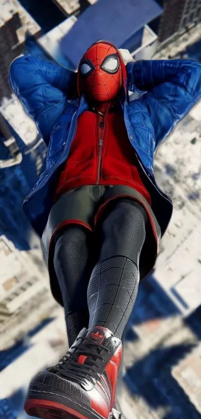 Dynamic superhero flies over a snowy city skyline, clad in red and blue attire.