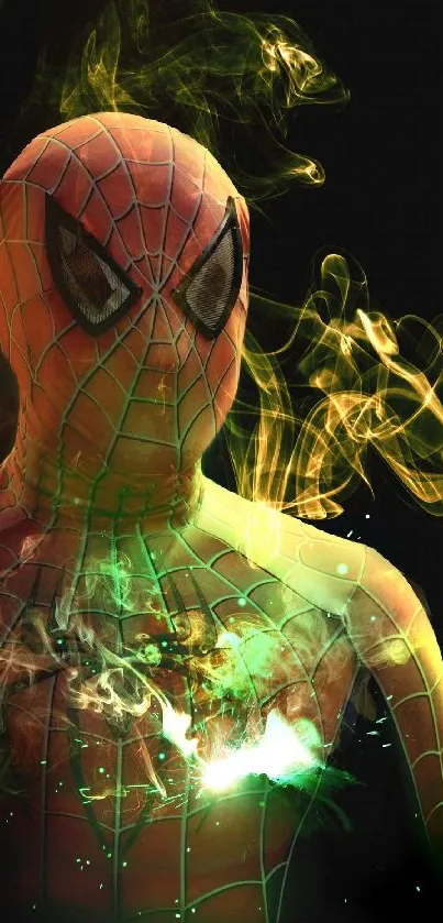 Superhero with smoke effects in vibrant red and green hues.