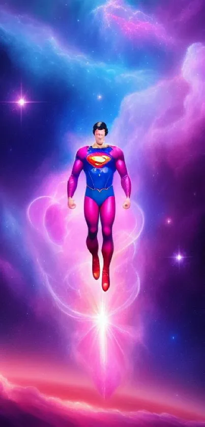 Superhero rising in vibrant cosmic space.