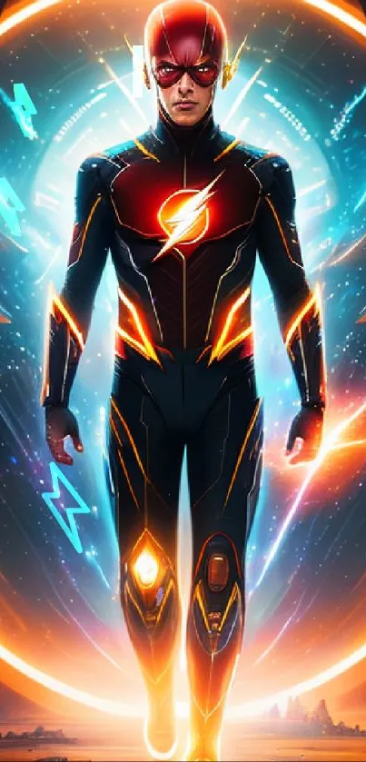 Superhero in vibrant red and blue suit with striking light effects.