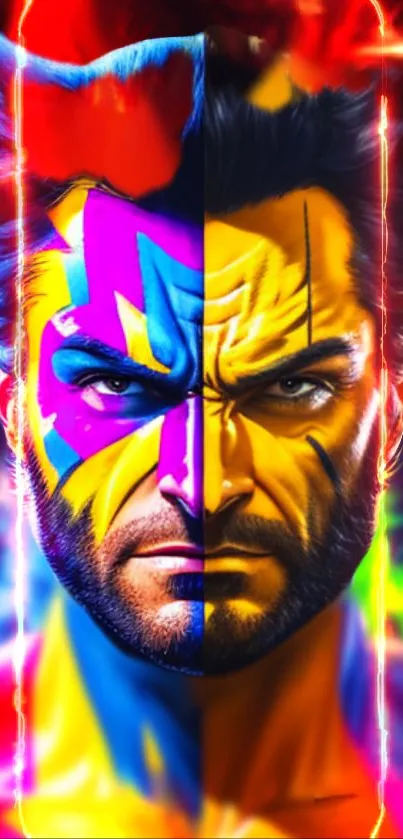 Colorful superhero split face wallpaper with vibrant comic-style colors.