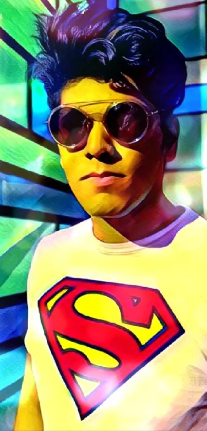 Stylish person in superhero shirt with vibrant urban backdrop.