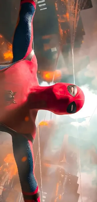 Superhero in red suit swinging in vibrant cityscape.