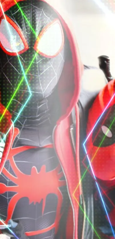 Superhero trio in red and black costumes with vibrant color scheme.