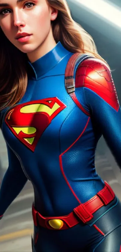 Strong female superhero in blue and red suit mobile wallpaper.