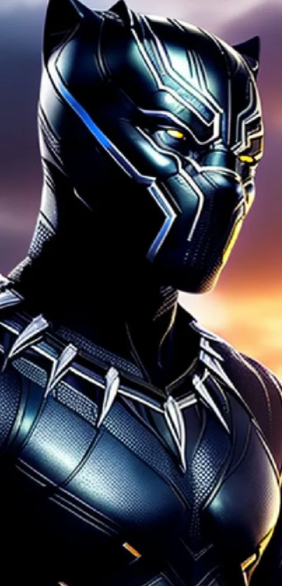 Superhero in sleek suit against a sunset sky.