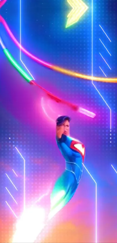 Superhero flies through neon-lit digital space with vibrant colors and energy.