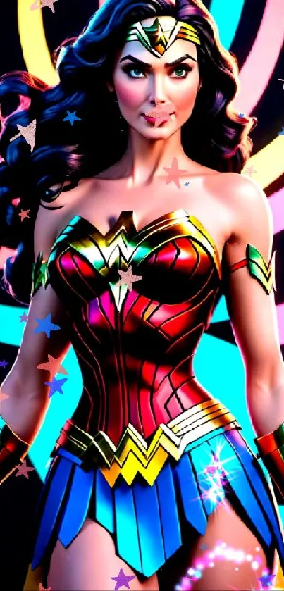 Colorful Wonder Woman superhero art illustration on black background.