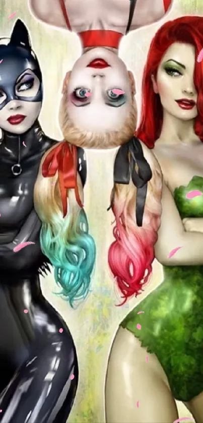 Vibrant superheroine trio on mobile wallpaper.