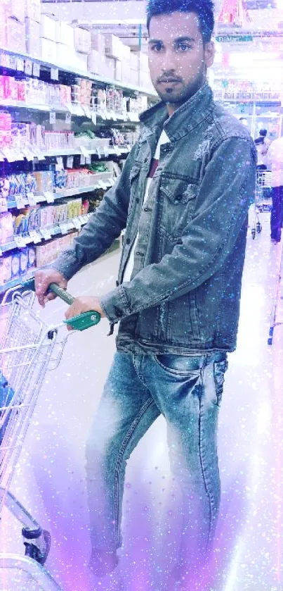 Person in denim in a sparkling supermarket aisle.