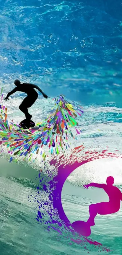 Colorful surfer silhouette on ocean waves wallpaper.