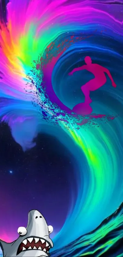 Colorful surfer and shark with neon wave design.