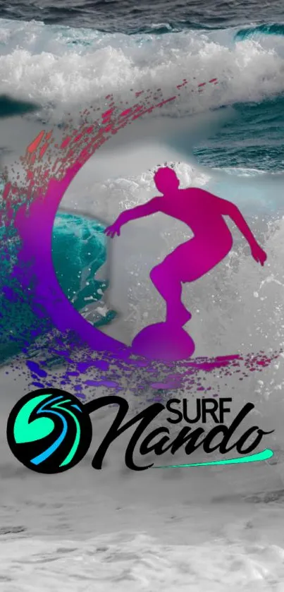 Vibrant surfing design with waves and purple surfer silhouette on mobile wallpaper.