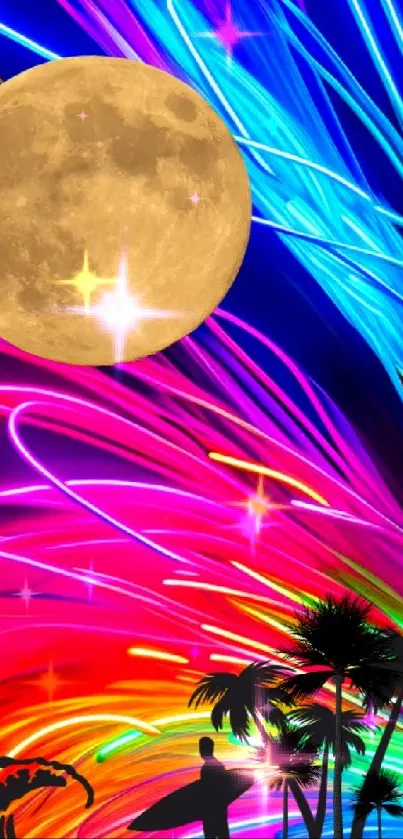 Colorful neon lights with a surfing scene and full moon.