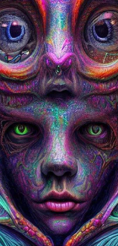 Surreal vibrant alien face art with intricate colorful patterns.