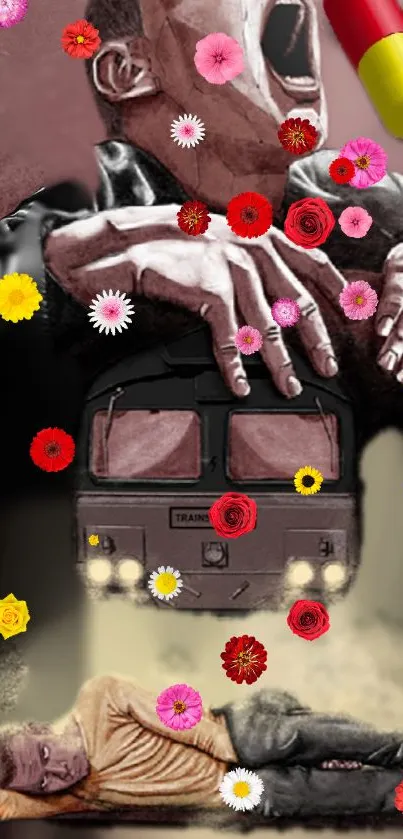 Surreal art with train and flowers on mobile wallpaper.