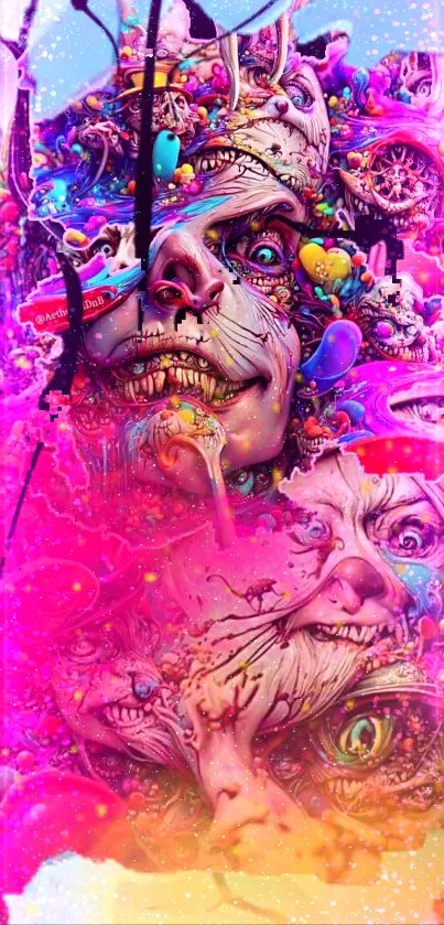 Surreal, vibrant pink art wallpaper with abstract faces and colors.