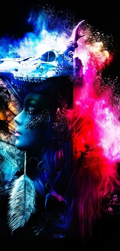 Surreal, colorful female profile artwork with vibrant hues and mystical elements.