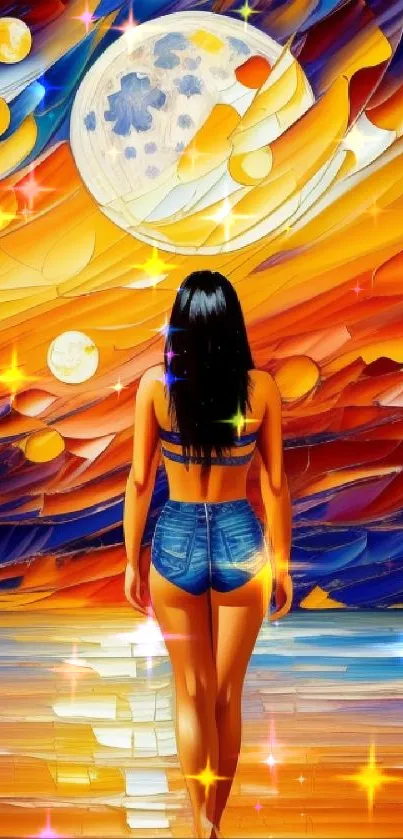 Vibrant surreal artwork showing woman on a colorful beach with a starry night sky.