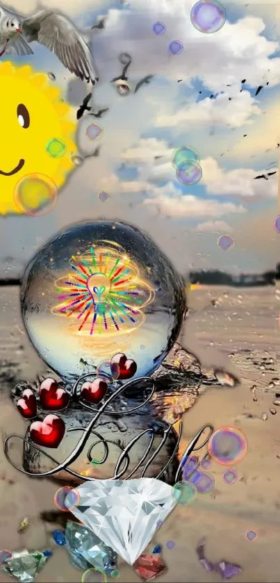 Surreal beach scene with bubbles and a smiling sun.