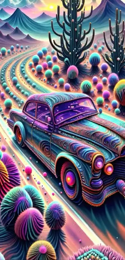 Vibrant surreal landscape featuring a vintage car on a colorful road.