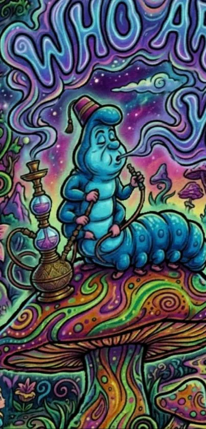 Psychedelic caterpillar smoking hookah on mushroom.