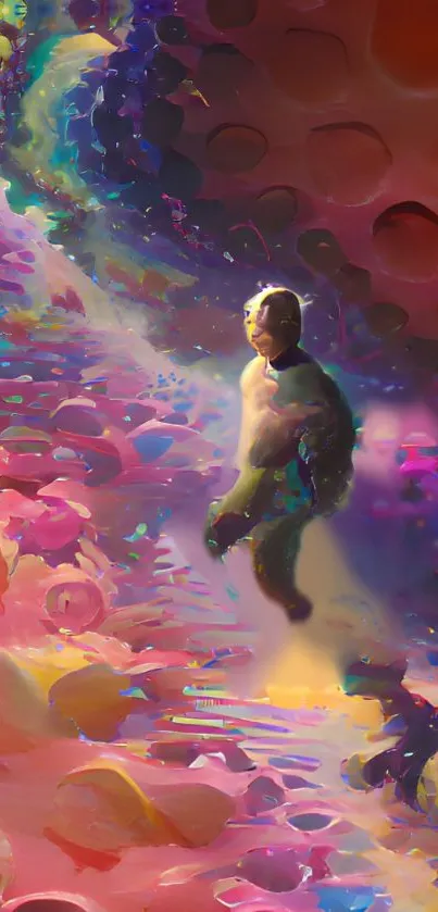 Person in vibrant, surreal colorful abstract cosmic landscape.