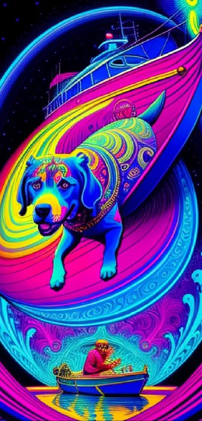 A vibrant and surreal wallpaper of a colorful dog in a cosmic scene.