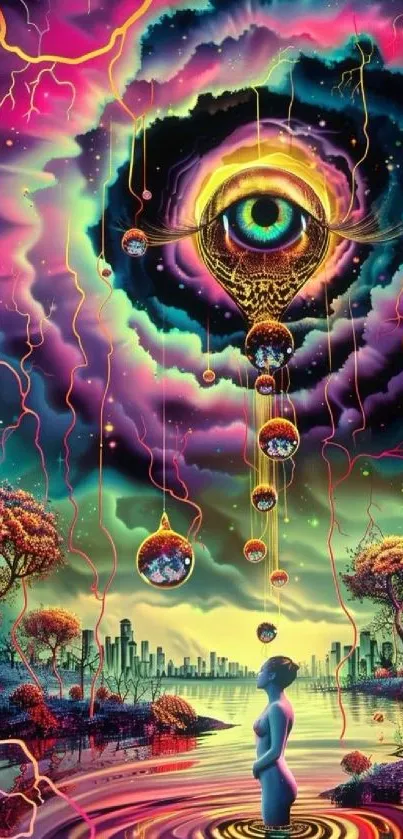 A surreal cosmic landscape with a central celestial eye above a vibrant dreamworld.
