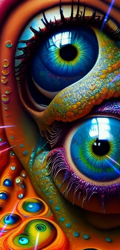 Colorful surreal artwork with large eyes, in vibrant orange and blue tones.