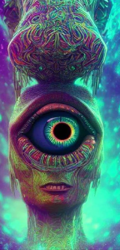 Surreal neon eye wallpaper with vibrant teal and purple colors.