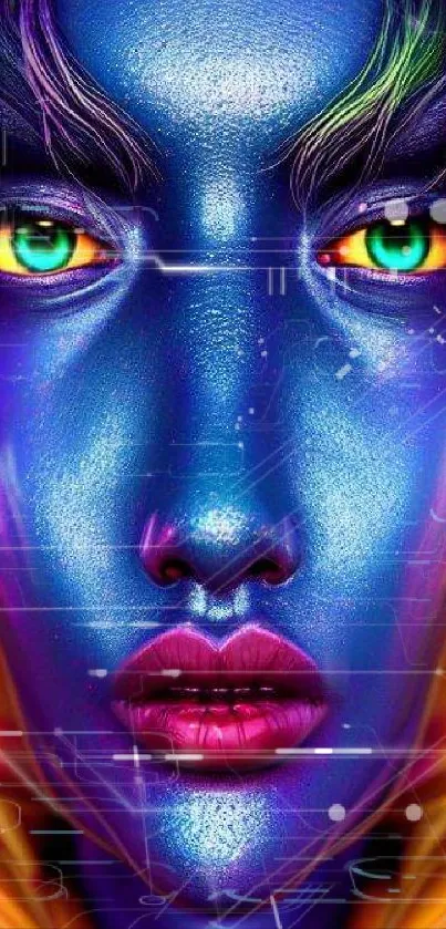 Surreal colorful digital face art with vibrant blue and green hues.