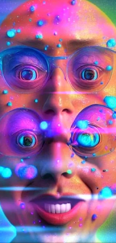 Surreal face with neon colors and abstract design on mobile wallpaper.