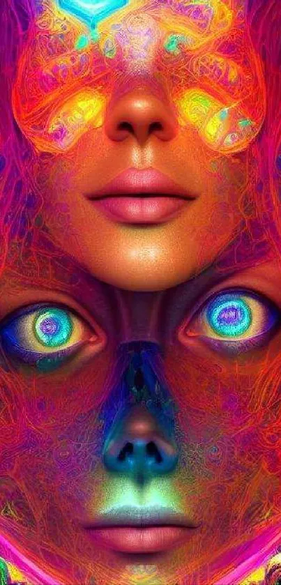 Vibrant surreal face art wallpaper with colorful, dreamlike imagery.