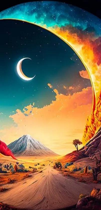 Surreal landscape wallpaper with vibrant sky and crescent moon