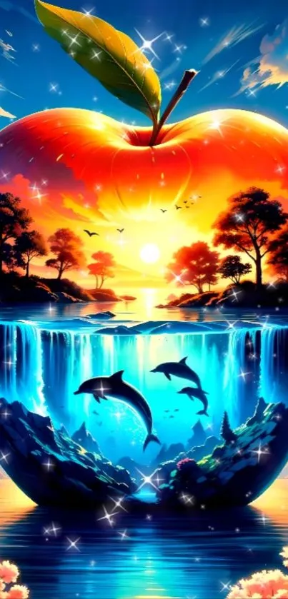 Vibrant surreal nature artwork with apple and waterfalls.