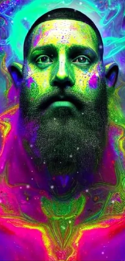 Vibrant neon portrait of a surreal bearded face with colorful lighting.