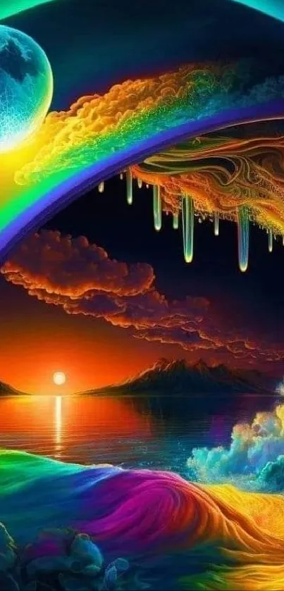 Vibrant rainbow cosmic scene mobile wallpaper.