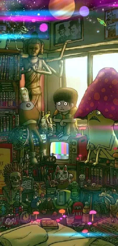 Vibrant surreal room with characters and books in a cosmic themed illustration.