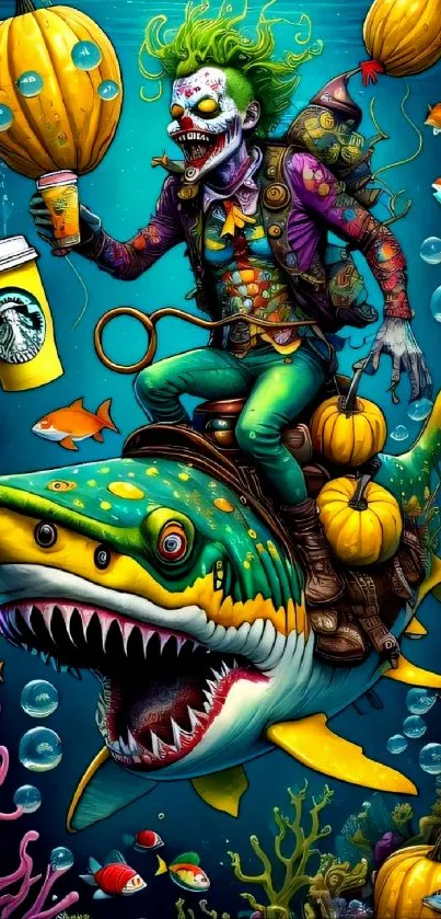 Surreal character riding shark with pumpkins underwater.